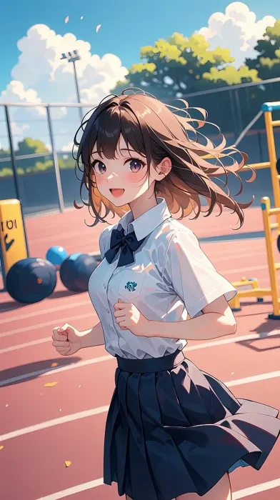 阳光下校园运动场中的少女插画