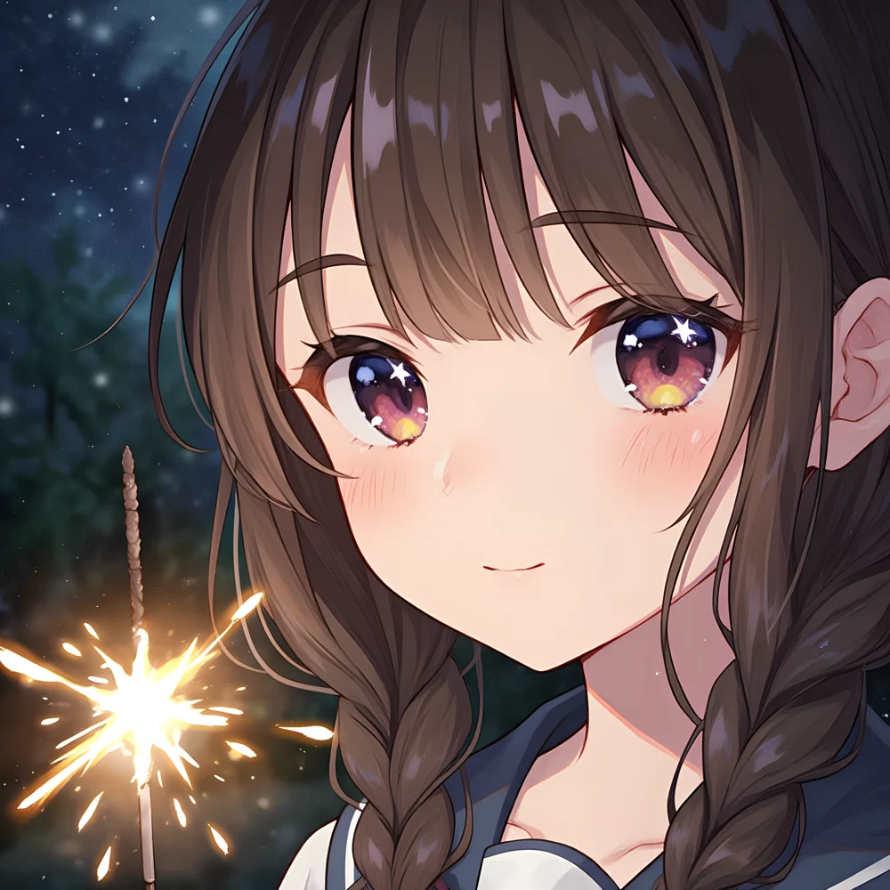 夜色中手持烟花的二次元角色