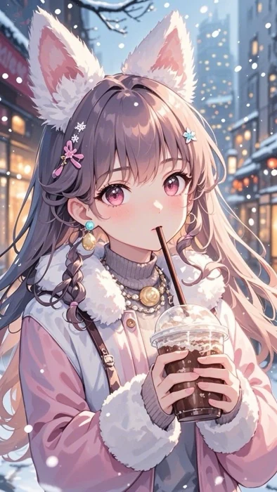 雪夜街头捧着饮品的兽耳少女插画